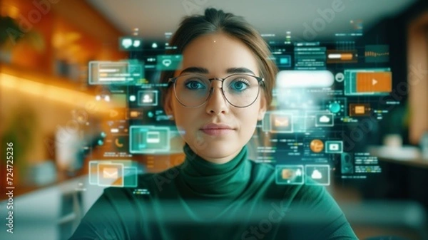 Obraz woman looks at a futuristic digital interface with various icons and data floating in front of her. high-tech environment and augmented reality.