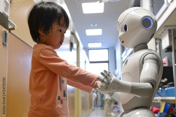 Fototapeta Young child interacting with humanoid robot.