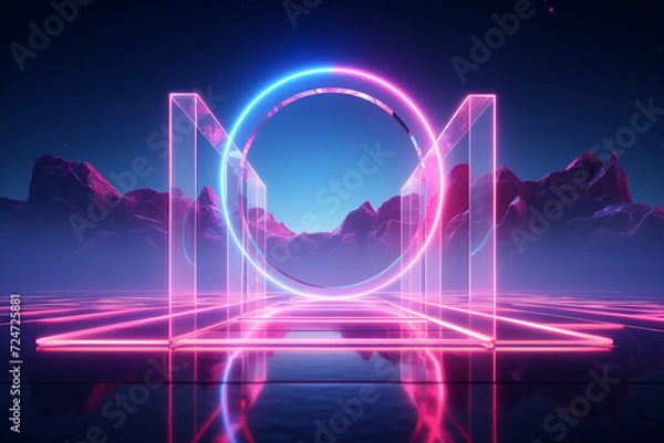 Fototapeta Nighttime Glowing Bridge Spanning Water in Futuristic Space Vector Design with Blue Digital Light and Energy Motion