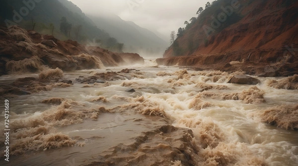 Fototapeta natural disaster situation, Disaster aftermath landscape, Emergency response scene, Catastrophic event aftermath, Disaster recovery operation, Devastation and cleanup, Crisis management and recovery, 