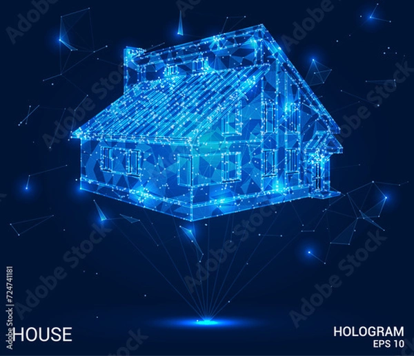Fototapeta Hologram house. A house made of polygons, triangles of dots and lines. The house has a low-poly compound structure. Technology concept vector.