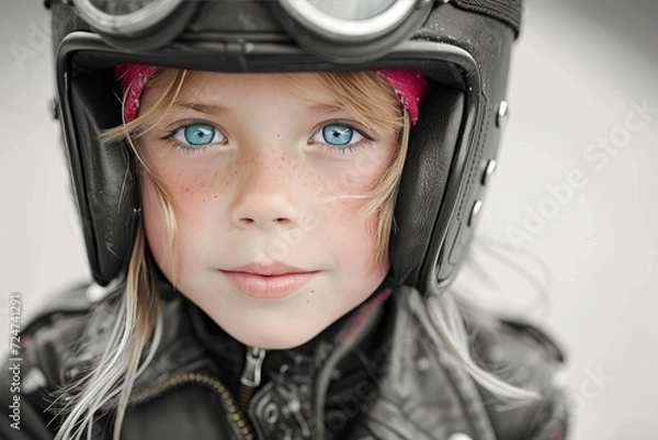 Fototapeta A young girl's determined gaze shines through her blue eyes as she dons a protective helmet, ready to conquer any obstacle in her path