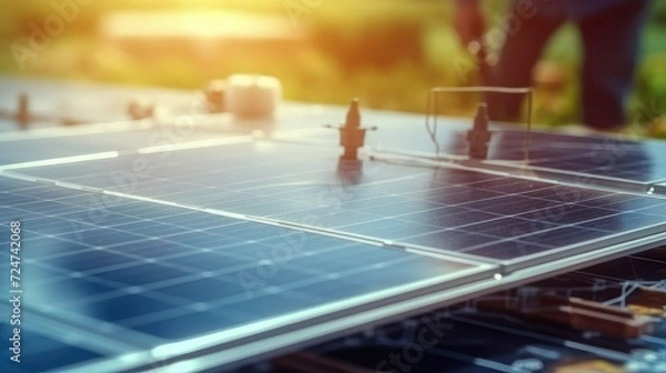 Fototapeta Panoramic - solar panel at sunset.