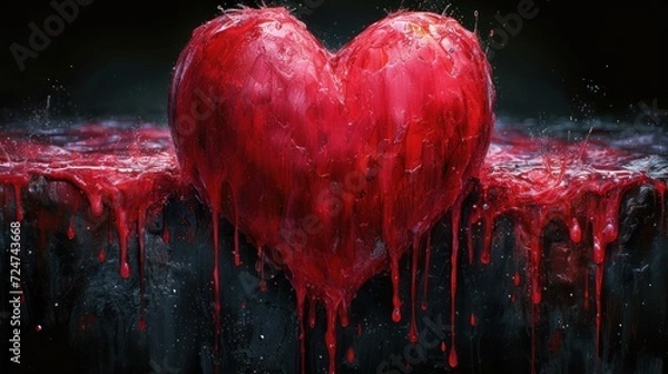 Fototapeta  a red heart sitting on top of a table covered in red liquid and dripping from the top of the table is a black background with a black border and white border.