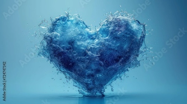 Fototapeta  a blue heart shaped object with water splashing out of it's sides on a blue background with a reflection of the water in the middle of the heart.