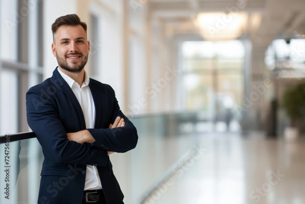 Obraz Mature adult businessman standing in the office hall. A man in a suit looking like a businessman or ceo manager