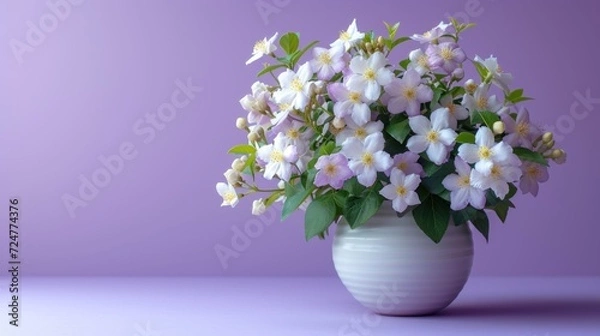 Fototapeta  a white vase filled with white and purple flowers on top of a purple table next to a purple wall and a purple wall behind the vase is filled with white and purple flowers.