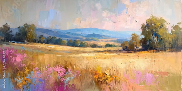 Obraz Oil painting, landscape with wild meadow and trees in the background. Beautiful artistic piece of digital art for wallpaper, art print, background design.