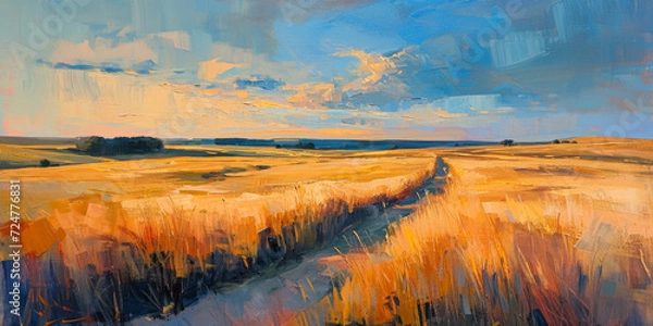 Obraz Oil painting, landscape with river, lake, trees in the background. Beautiful artistic piece of digital art for wallpaper, art print, background design.