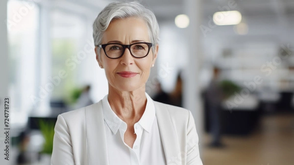 Fototapeta Business woman manager smiling at office abstract backgound. Generative ai.