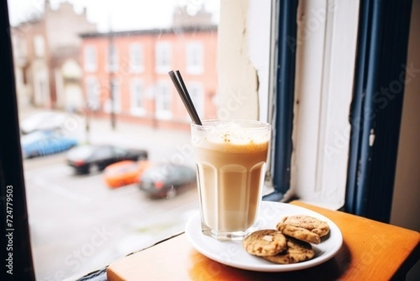 Fototapeta iced chai latte with cookie on the side, on a sunny window sill