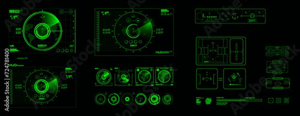 Fototapeta Interface with set homing targets, sights, radars. Interface device with system for finding and identifying objects on the map. Digital targets HUD sights. Green radar screen on black background