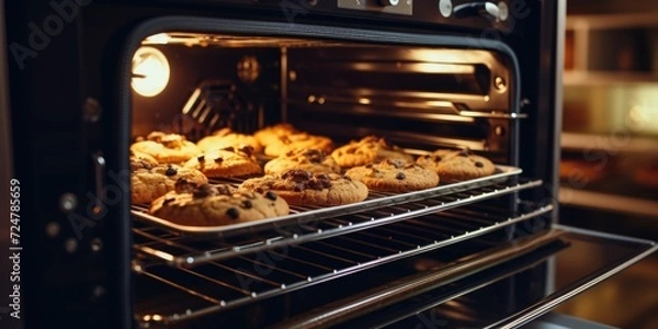 Fototapeta A close-up view of freshly baked muffins in an oven. Perfect for illustrating baking, cooking, or homemade recipes.