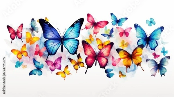 Fototapeta Colorful butterflies gathered together on a clean white background. Perfect for nature-themed designs and illustrations