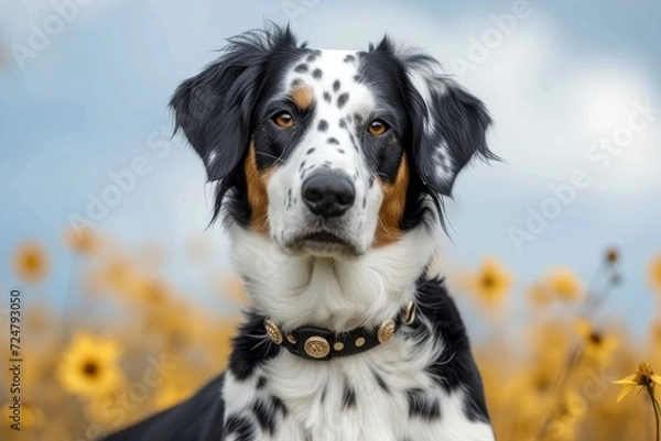 Fototapeta A curious puppy with black and white spots gazes up at the clear blue sky, surrounded by vibrant flowers, embodying the playful and loving nature of this beloved canine breed