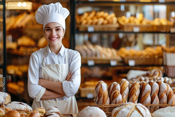 Obraz Joyful small bakery shop owner, beaming with pride as she stands in front of her charming store. Happy and cheerful female baker is fully immersed in her work, radiating enthusiasm for her craft