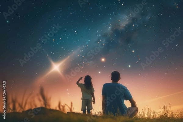 Obraz A father and his daughter share a moment of wonder and connection under the twinkling stars, surrounded by the peacefulness of the grassy outdoors