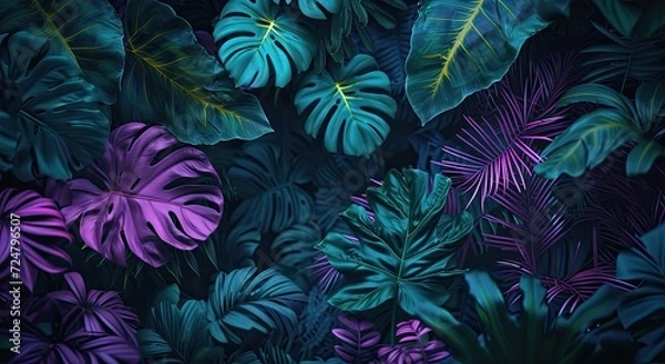 Fototapeta Tropical leaves and monstera plants illuminated in striking neon hues.