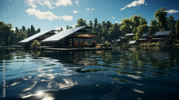 Fototapeta Floating solar panels on the roof of the house