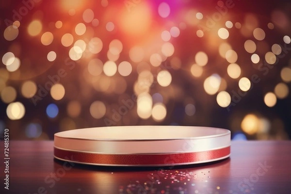 Fototapeta Podium with background soft bokeh, podium for product presentation, geometric shape for product display presentation, stage showcase, promotion display.