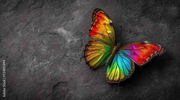 Fototapeta A butterfly colored in all the colors of the rainbow, vibgyor wings and very attractive, placed on a black and white, monochrome background with copy space