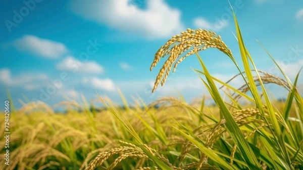 Fototapeta close up of a single rice crop in field under the blue sky, sky blue bokeh background