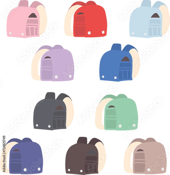 Obraz シンプルにデフォルメしたカラフルな手描きのランドセルのイラストセット
