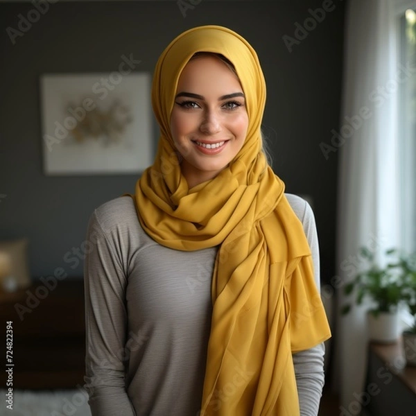 Fototapeta Image of a Caucasian woman with a smiling face, wearing a stylish hijab. Concept: a modern and elegant approach to a traditional outfit, Muslim world