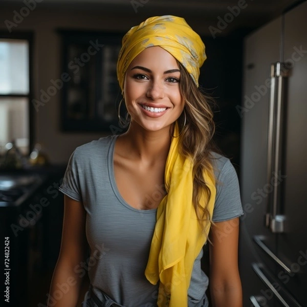 Fototapeta Image of a Caucasian woman with a smiling face, wearing a stylish hijab. Concept: a modern and elegant approach to a traditional outfit, Muslim world