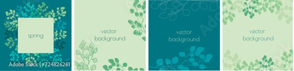 Fototapeta Set of spring vector backgrounds with green leaves and branches. Illustrative design for invitation, book cover, postcard, banner, poster, advertisement.
