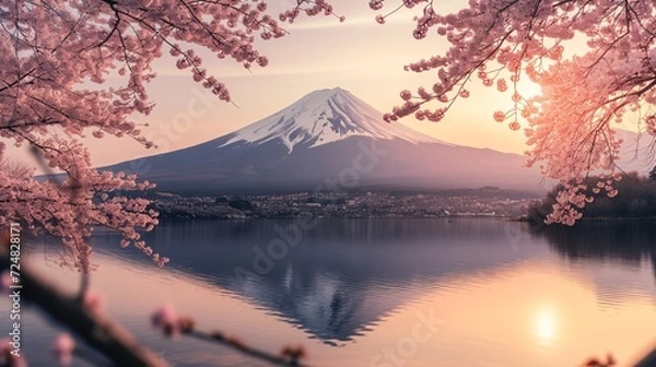 Obraz A horizontal landscape photograph capturing the beautiful bloom of cherry blossoms in Japan, with majestic Mt. Fuji in the background. Generative AI.