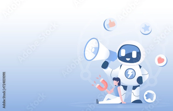 Obraz Artificial Intelligence (AI) technology and digital marketing concept. Announcement, advertisement, promotion, campaign, attract customer satisfaction. Flat vector design illustration with copy space.