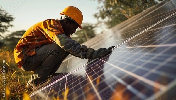 Fototapeta Solar power engineer installing solar panels on the roof.