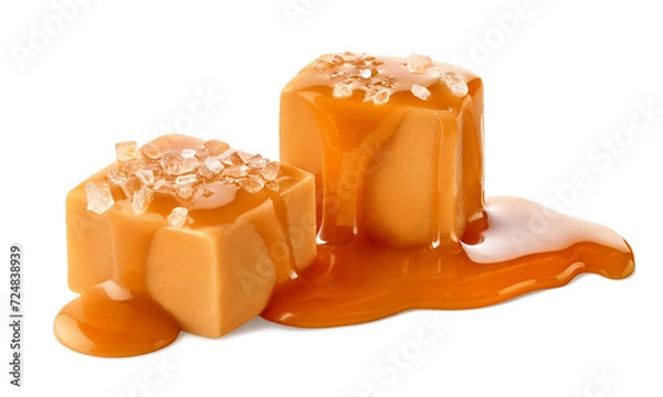 Obraz Two salty caramel candy cubes topped with caramel sauce and salt on white background