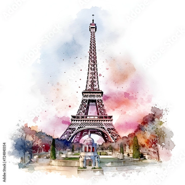 Fototapeta Eiffel Tower Watercolor Clipart, Paris Monument, Ai generative