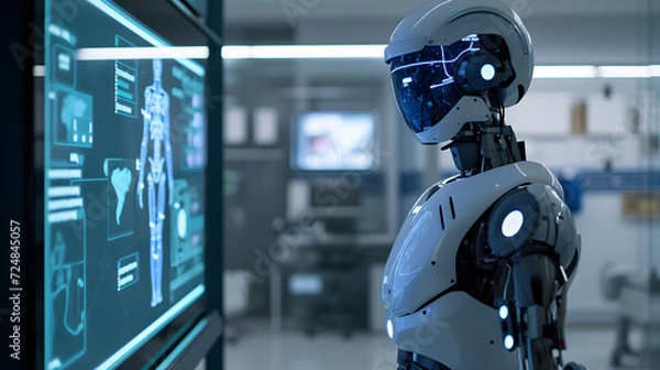 Fototapeta futuristic healthcare concept with diagnostic healthcare robot interacting with holographic display