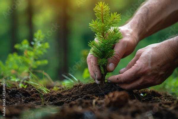 Obraz Close up of mens hand planting tree to help increase oxygen in the air and reduce global warming. Hope for a greener, better future for our environment