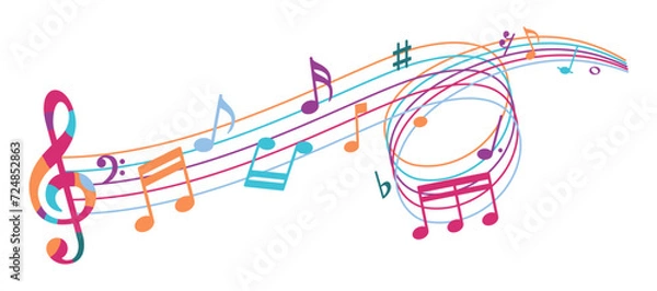 Fototapeta Color music sheet with music notes symbols, flat design vector illustration