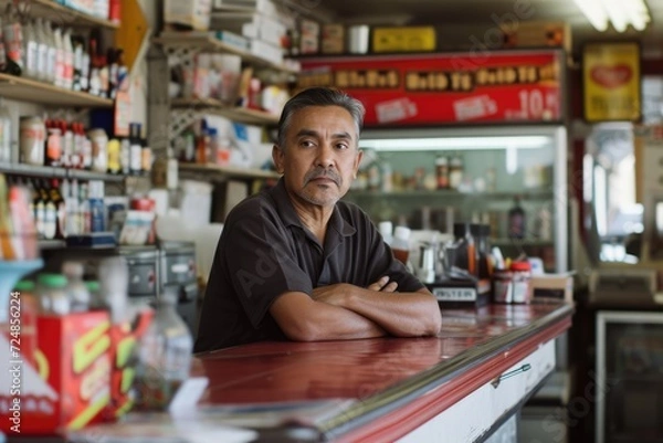 Fototapeta Portrait of the owner or a manager at the counter in a small local business American convenience store (bodega), in Los Angeles, California. 