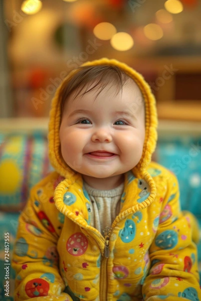 Fototapeta Baby Sitting on Couch Wearing Yellow Jacket. A baby sits on a couch wearing a vibrant yellow jacket