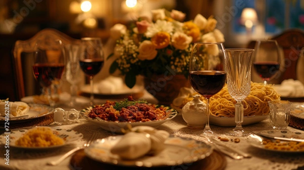 Fototapeta Intimate dinner with spaghetti and red wine by candlelight