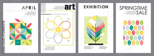 Fototapeta Spring art exhibition banners and posters design template. Creative covers and sale flyers. Abstract leaves, flowers and springtime plants vector illustration.
