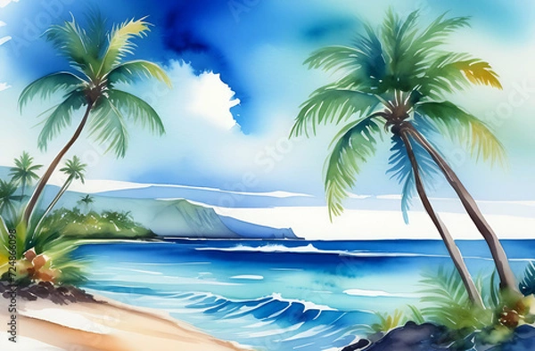 Fototapeta Watercolor landscape with views of tropical islands. Mountains, palm trees, ocean