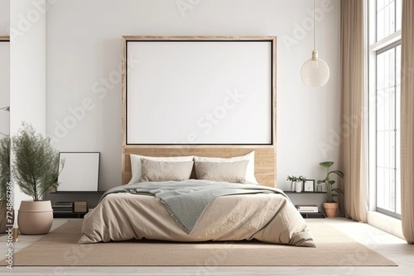 Fototapeta Large bed in a beige bedroom that has a horizontal poster hanging over it and a big window. an angle. a mockup
