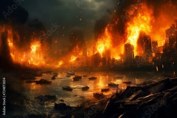 Fototapeta Burning city under attack, apocalyptic destruction. War themed illustration. Generative AI