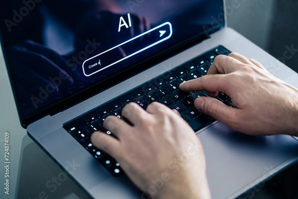 Fototapeta AI chat prompt. Artificial intelligence and digital technology. Man using chatbot with laptop at work. Creative content. Generate text or image. Command input on website. Bot assistant conversation.