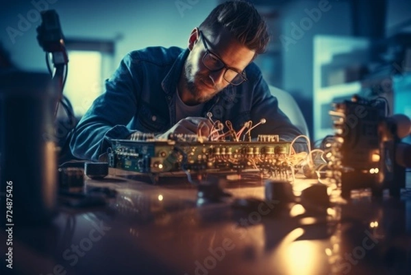 Fototapeta Skilled electronics engineer meticulously restores vintage electrical devices with expert troubleshooting and precise soldering techniques