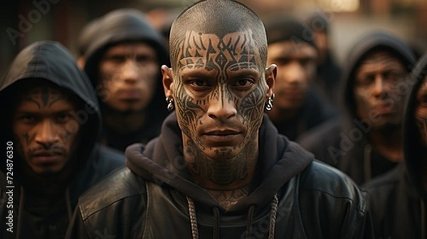 Fototapeta the leader of a Latin American gang with tattoos on his face and body stands at the head of his gang behind them, concept: criminal tattoos, Latin and Mexican gangs