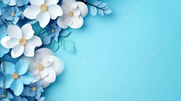 Fototapeta blue background or texture with spring flowers. frame, place for text. template, greeting card for Mother's Day, March 8