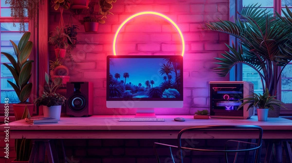 Fototapeta Desk with monitor - Neon lighting - Computer aesthetics.